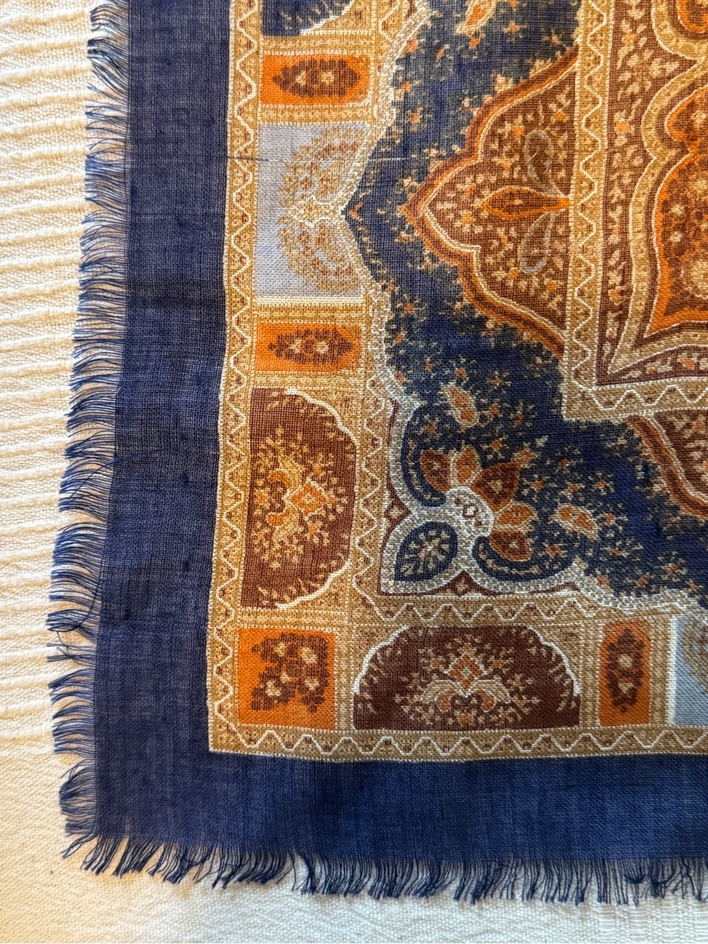 Yves Saint Laurent Navy & Brown Ornate Paisley Silk-Blend Square Scarf 53” - Picture 6 of 7